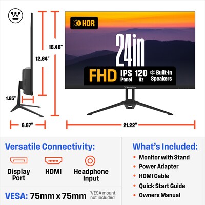 Westinghouse 24" FHD 120Hz LED Adaptive-Sync Monitor, HDR, Built-In Speakers, Black (WH24FA9600)