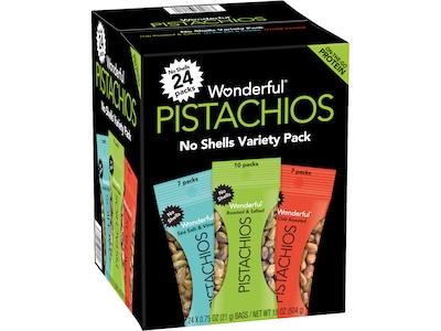 Wonderful Pistachios Variety Pack, No Shells, 0.75 oz., 24 Bags/Box (070146A29V)