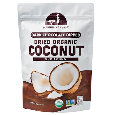 Mavuno Harvest Organic Dried Coconut Dipped in Dark Chocolate Fruit Snacks, 1 lb. Bag (MAHW-CCCNT1LB)
