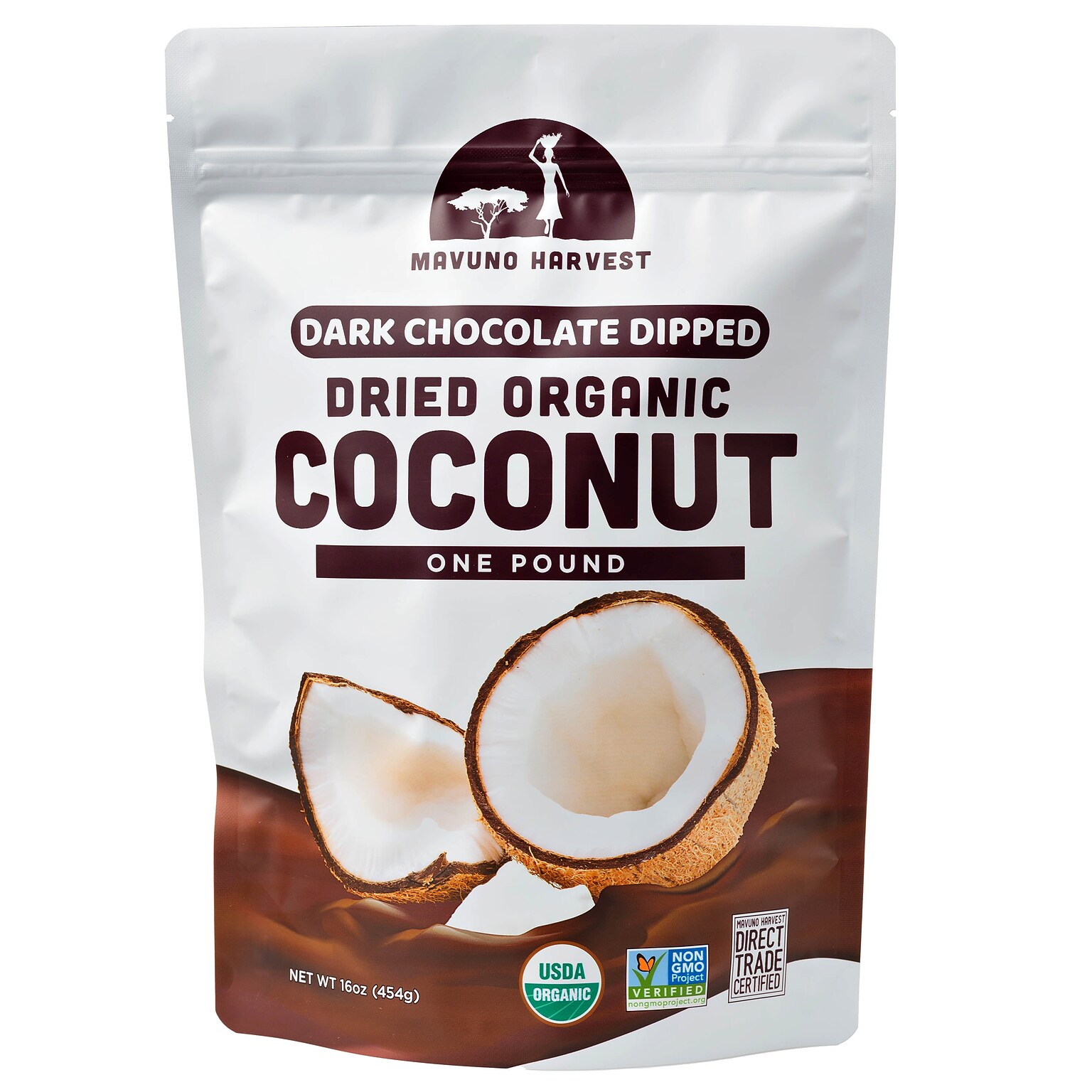 Mavuno Harvest Organic Dried Coconut Dipped in Dark Chocolate Fruit Snacks, 1 lb. Bag (MAHW-CCCNT1LB)
