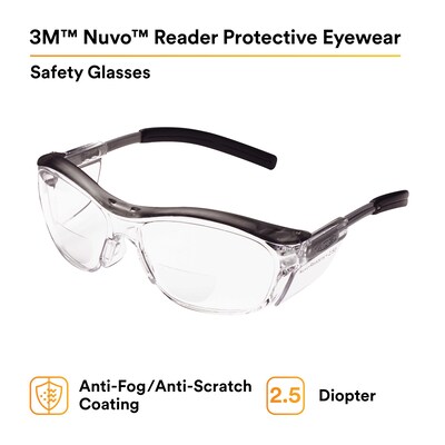 3M Nuvo Anti-Fog +2.5 Safety Glasses, Wraparound Frame, Clear Lens, 20/Carton (11436-00000-20)