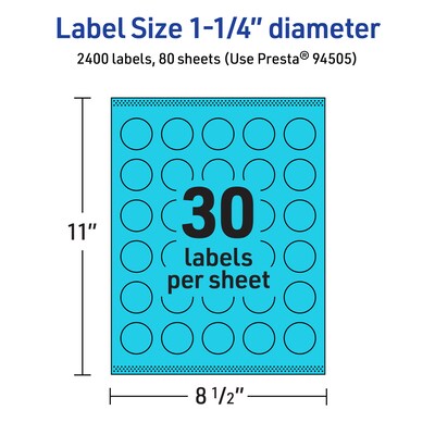 Avery Laser/Inkjet Multipurpose Circle Labels, 1.25" Dia., Bright Blue, 2400/Box (94505)