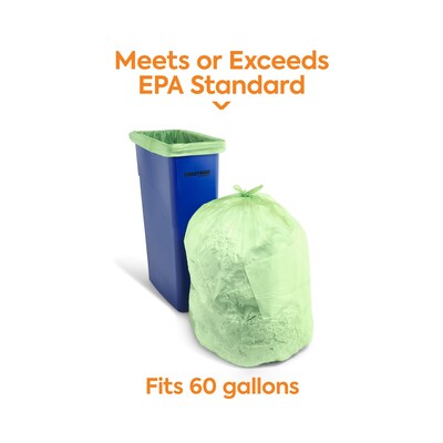 Coastwide Professional™ 60 Gallon Trash Bag with 30% PCR, 38" x 58", Low Density, 0.8 mil, Green, 100 Bags/Box (CW62423)