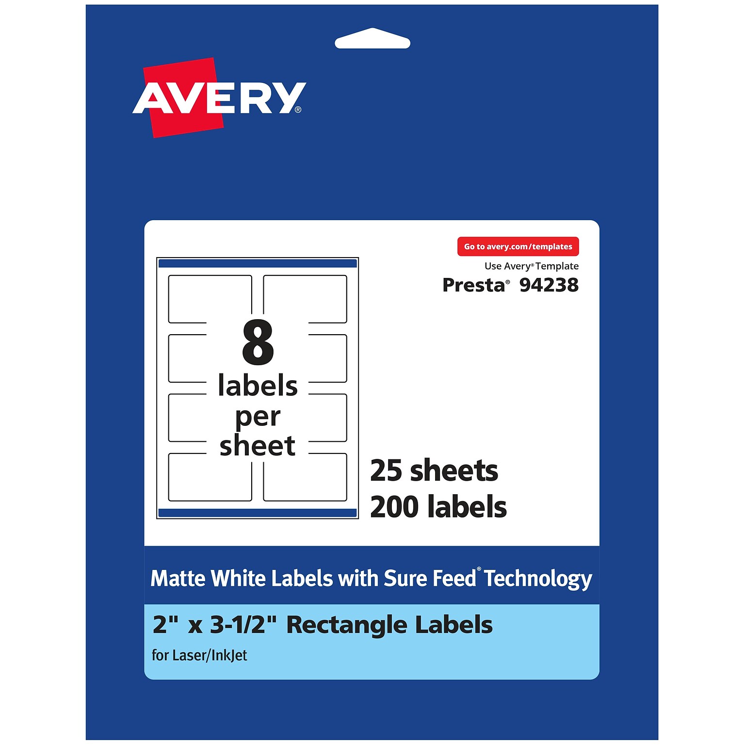 Avery Laser/Inkjet Rectangle Multipurpose Labels, 2 x 3.5, Matte White, 200 Labels/Pack (94238)