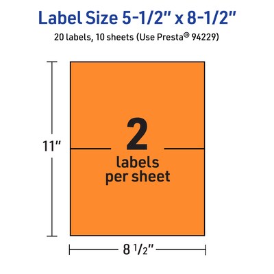 Avery Laser/Inkjet Multipurpose Rectangle Labels, 5.5" x 8.5", Bright Orange, 20/Pack (94229)