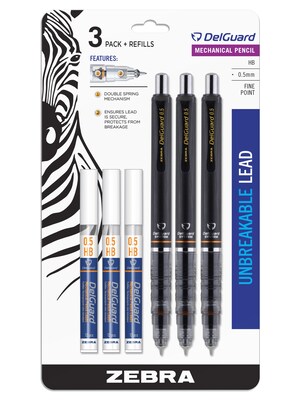 Zebra Pen Delguard Mechanical Pencil, 0.5mm, Black, 3/Pack (ZEB 10613)