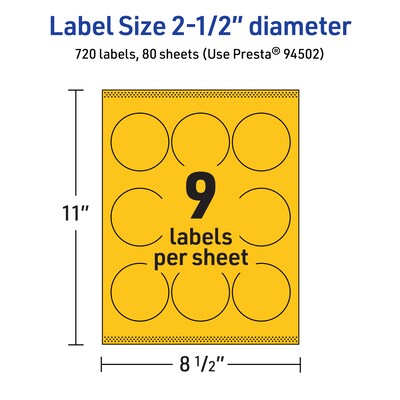 Avery Laser/Inkjet Round Multipurpose Labels, 2.5" Dia., Bright Yellow, 720/Box (94502)