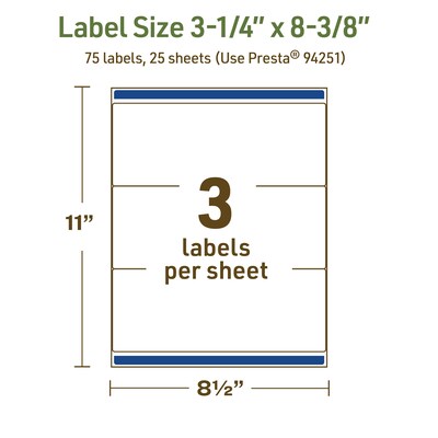 Avery Dissolvable Rectangle Multipurpose Labels, 3-1/4" x 8-3/8", Off-white, 75/Pack (94251)