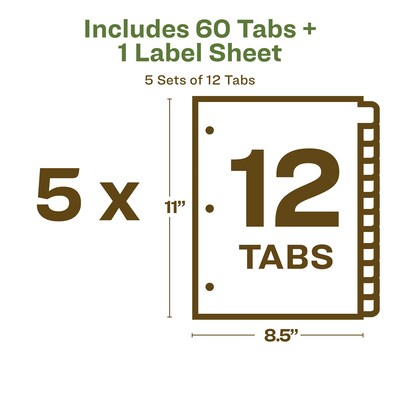 Avery Index Maker EcoFriendly Paper Dividers with Print & Apply Label Sheets, 12 Tabs, White, 5 Sets/Pack (11582)