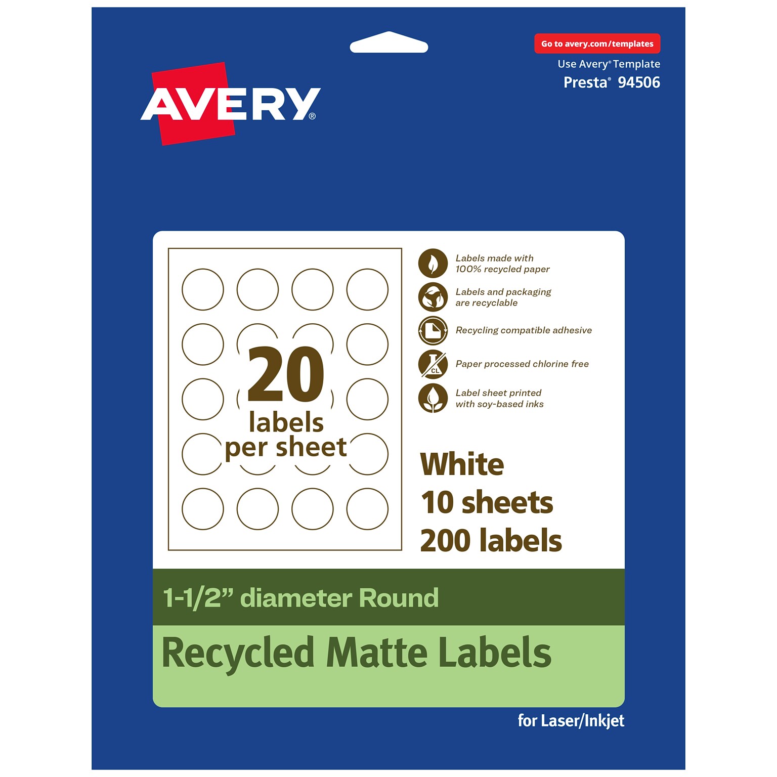 Avery EcoFriendly Laser/Inkjet Circle Multipurpose Labels, 1-1/2 Dia., White, 200/Pack (94506)