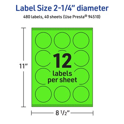 Avery Laser/Inkjet Multipurpose Circle Labels, 2.25" Dia., Neon Green, 480/Pack (94510)