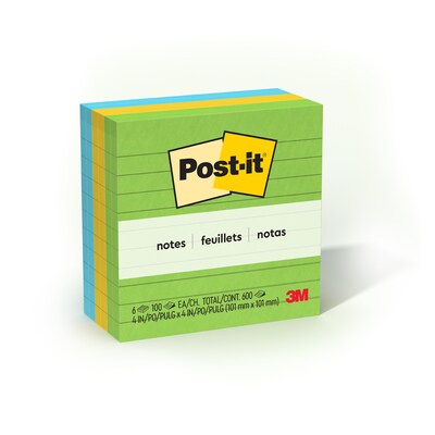 Post-it Notes, 4 x 4, Floral Fantasy Collection, Lined, 100 Sheets/Pad, 6 Pads/Pack (6753AUL)