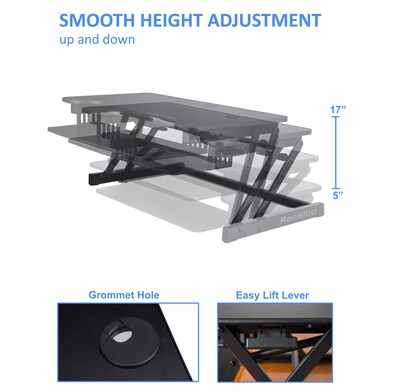 Rocelco 37.5" Height Adjustable Standing Desk Converter with Dual Monitor Arm - Anti Fatigue Mat, Black (R DADRB-DM2-MAF)
