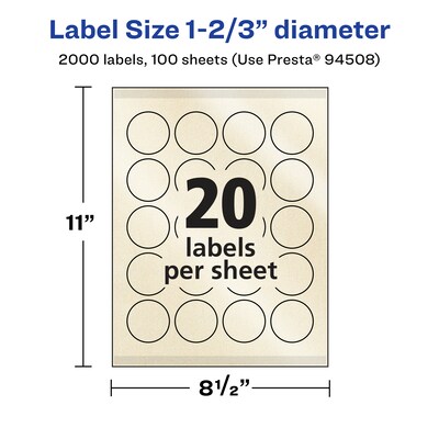 Avery Pearlized Ivory Circle Multipurpose Labels, 1-2/3" Dia., Ivory, 2000/Box (94508)
