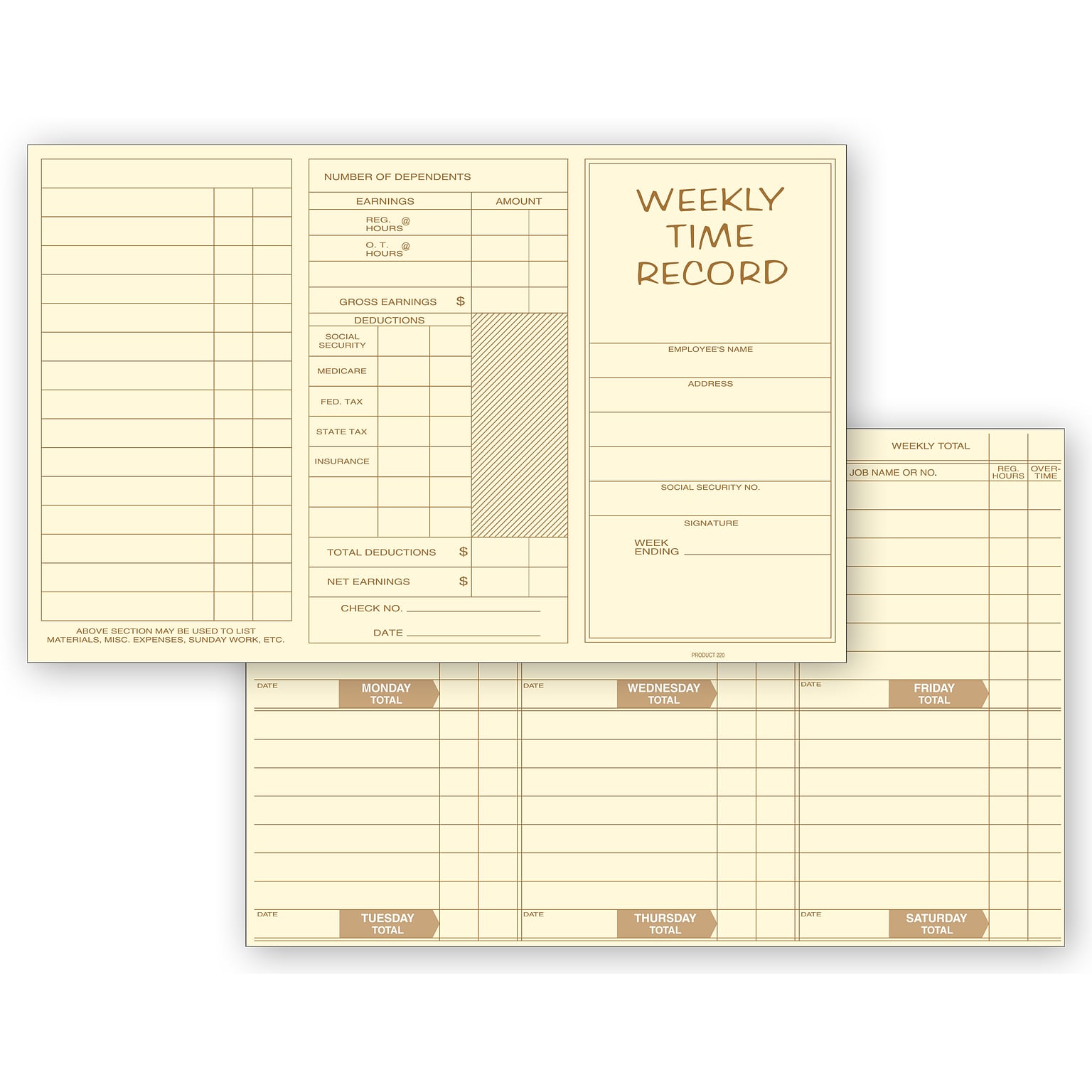 Pocket Size Weekly Time Cards, Tri Fold to 2 9/16 x 5, 250 per pack