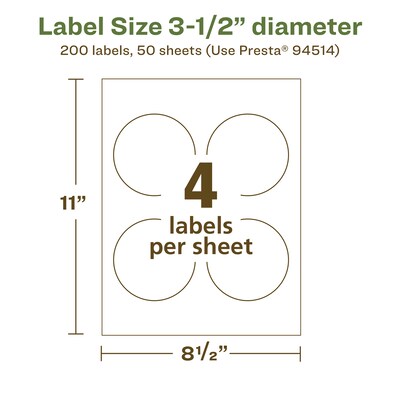Avery EcoFriendly Laser/Inkjet Circle Multipurpose Labels, 3-1/2" Dia., White, 200/Box (94514)