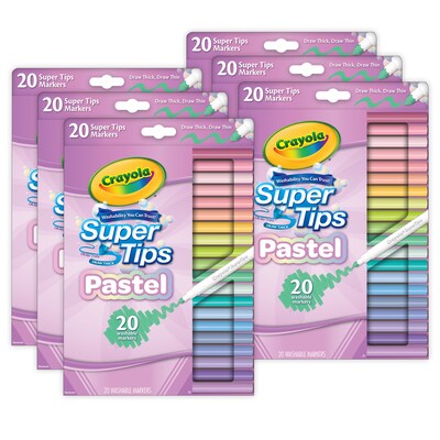 Crayola Supertips Pastel Washable Water Based Kids Marker, Assorted Colors, 20/Pack, 6 Packs/Bundle