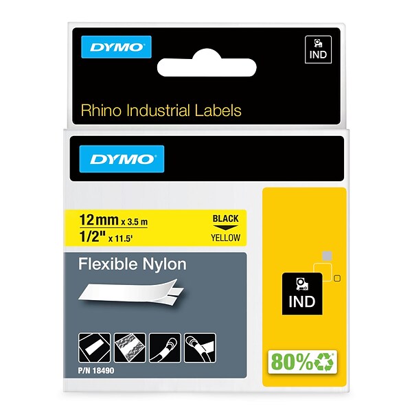 DYMO 18490 Label Maker Tape, 1/2W, Black on Yellow, Roll