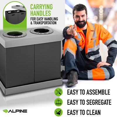 Alpine Industries Plastic 2-Compartment Indoor Trash Can and Recycling Bin, 28 Gallon, Gray, 2/Pack (ALP471-02-BLK-2PK)