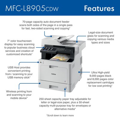 Brother MFC-L8905CDW Wireless Color Laser Printer, All-In-One, Print, Scan, Copy, Fax