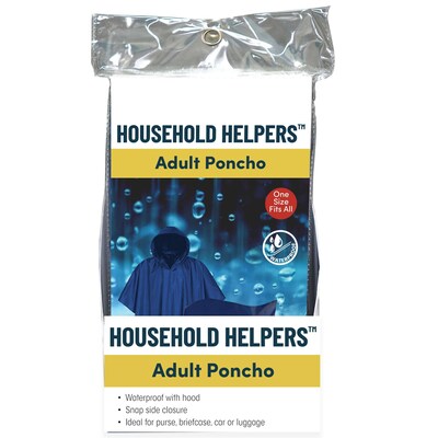 Household Helpers Adult Rain Poncho with Hood, One Size Fits All, Blue, 6/Pack, 12 Packs/Carton (16630)