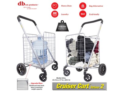 Dbest Cruiser Cart Deluxe 2 Steel Mobile Folding Utility Cart with Swivel Wheels, Silver (01-869)