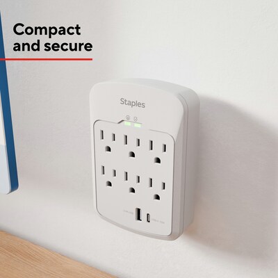 Staples TECH 6-Outlet 2-USB Port Surge Protector, 1800 Joules, White (ST62764)