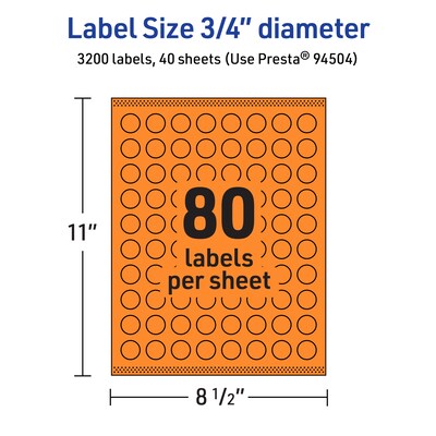 Avery Laser/Inkjet Multipurpose Circle Labels, 0.75" Dia., Bright Orange, 3200/Pack (94504)