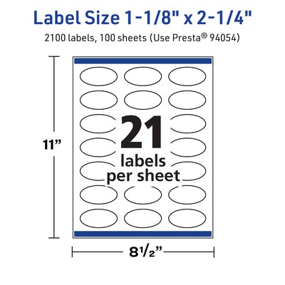 Avery TrueBlock Laser/Inkjet Oval Multipurpose Labels, 1-1/8" x 2-1/4", White, 2100/Box (94054)