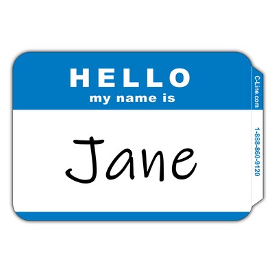 C-Line® Pressure Sensitive Badges, Hello my name is, Blue, 3-1/2" x 2-1/4", 100 Per Pack, 5 Packs (CLI92235-5)