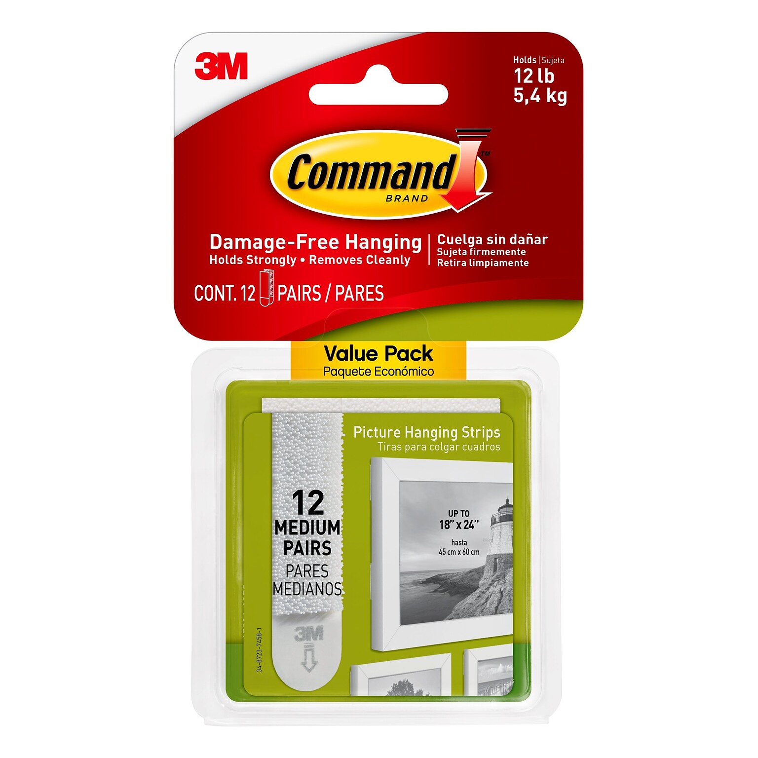 Command Medium  Hanging Strips, 12 lb., White, 12/Pack (17204-12ES)