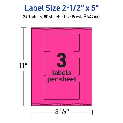 Avery Laser/Inkjet Rectangle Multipurpose Labels, 2.5" x 5", Neon Magenta, 240/Box (94246)