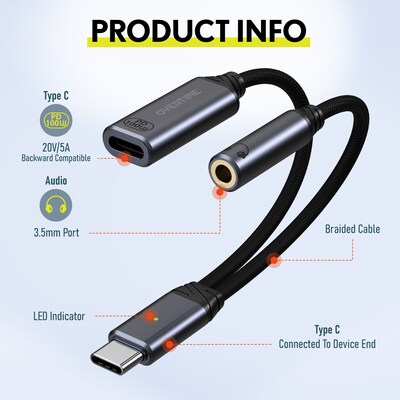 Overtime USB-C to USB-C & 3.5mm Audio and 100W Charging Splitter Adapter, Black (OADCTC35BK)