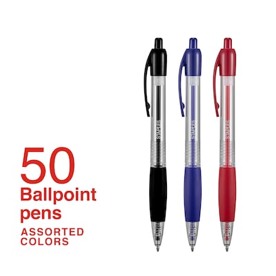 Staples® Retractable Ballpoint Pens, Medium Point, 1.0mm, Assorted, 50/Pack (50371-CC)