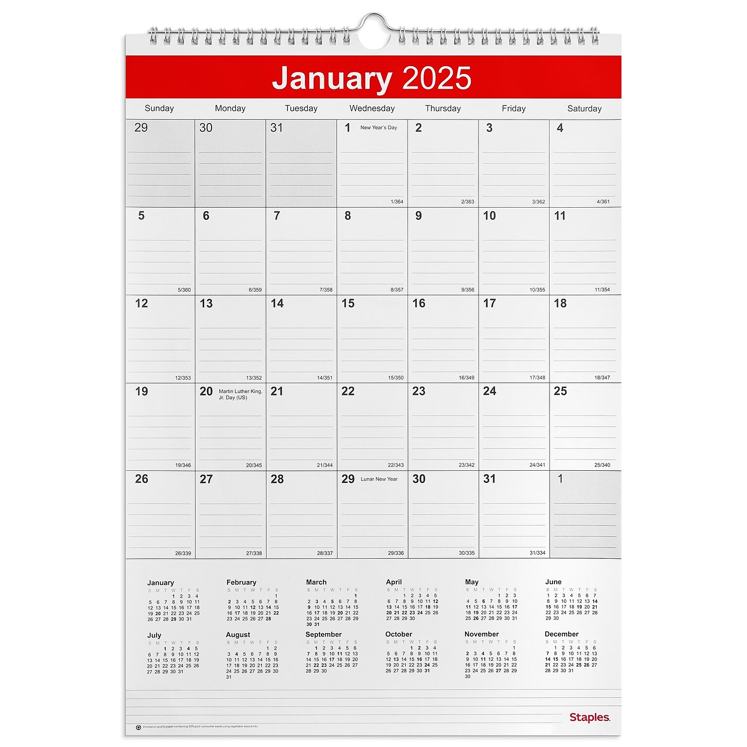 2025 Staples 12 x 17 Wall Calendar, White/Red (ST53913-25)