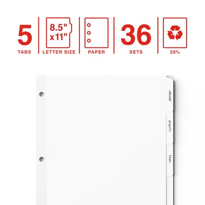 Staples Write & Erase Paper Dividers, White, 5-Tabs, 36 Sets (ST63044)