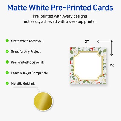 Avery Gold-Blue Border Berries Matte Blank Card, White, 120/Pack (S00-FEG)