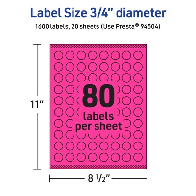 Avery Laser/Inkjet Round Multipurpose Labels, 0.75" Dia., Neon Magenta, 1600/Pack (94504)