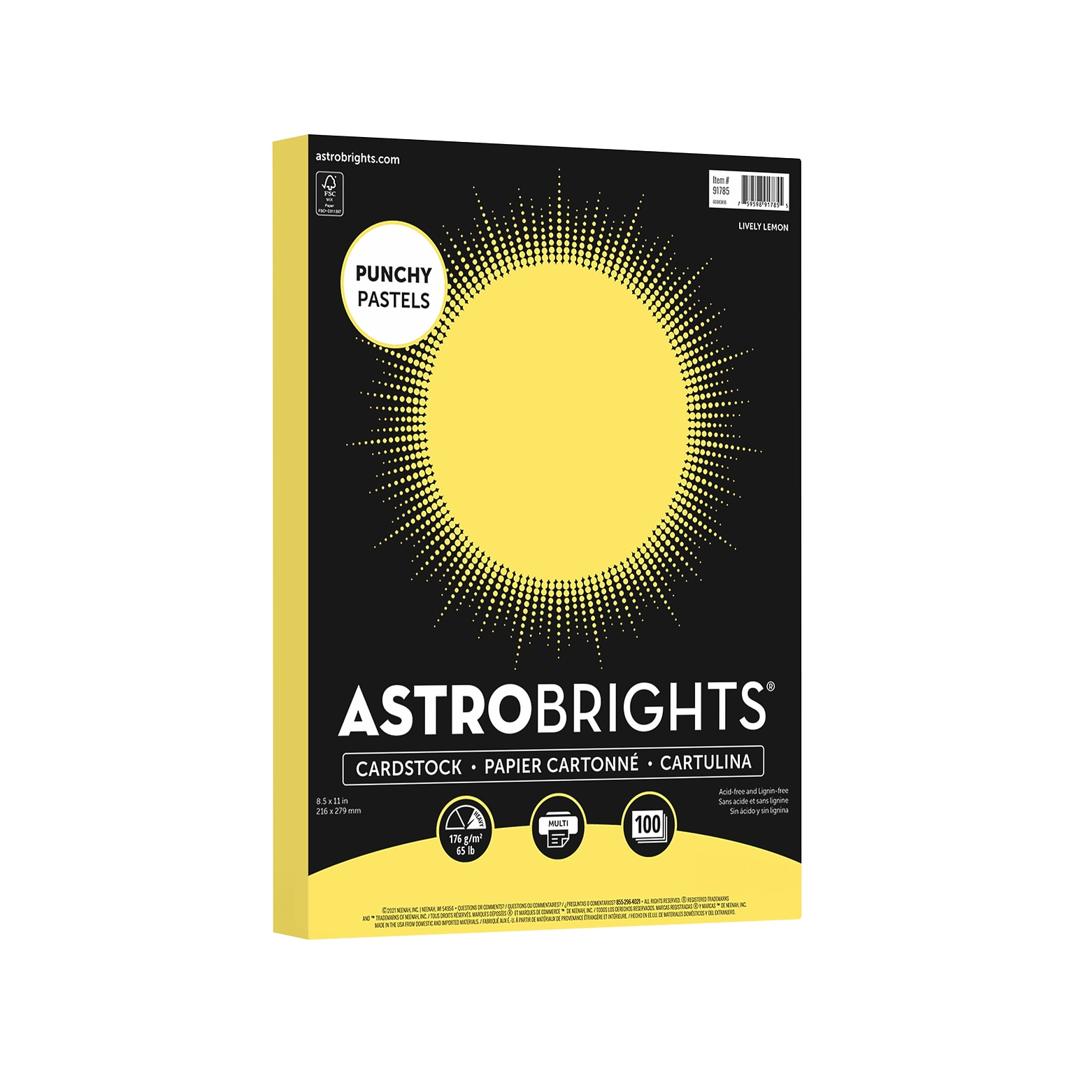 Astrobrights Punchy Pastels 8.5 x 11 Colored Paper, 65 lbs., Lively Lemon, 100 Sheets/Pack (91785)