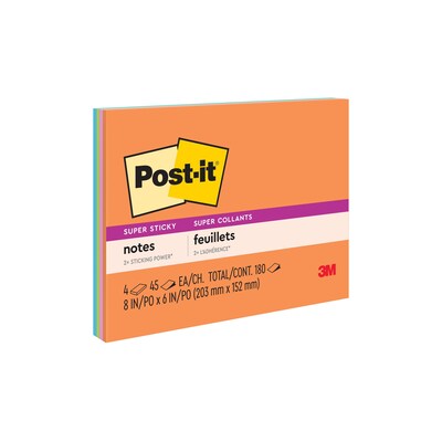 Post-it Super Sticky Notes, 8 x 6, Energy Boost Collection, 45 Sheet/Pad, 4 Pads/Pack (6845SSP)
