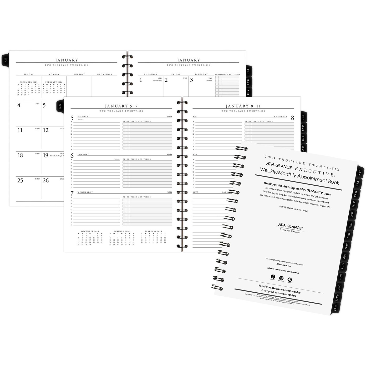 2026 AT-A-GLANCE Executive 8.75 x 6.5 Weekly & Monthly Appointment Book Refill, White/Black (70-908-10-26)
