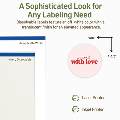 Avery Dissolvable Circle Multipurpose Labels, 1-5/8" Dia., Off-white, 500/Pack (94507)