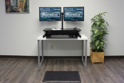 Rocelco 37.5" Height Adjustable Standing Desk Converter with Dual Monitor Arm - Anti Fatigue Mat, Black (R DADRB-DM2-MAF)