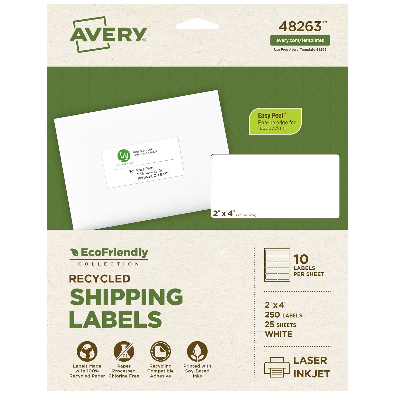 Avery EcoFriendly Laser/Inkjet Shipping Labels, 2 x 4, White, 250 Labels/Pack (48263)