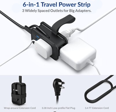 Uncaged Ergonomics 3-Outlet 3-USB Port Power Strip, 3', Black (TC-b)