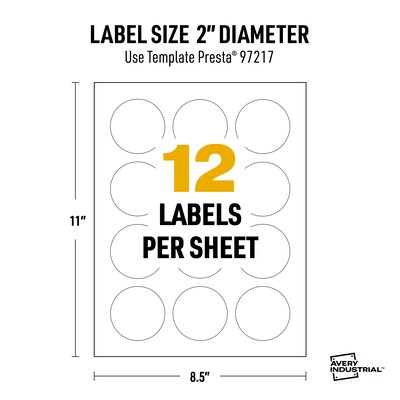 Avery Laser UltraDuty GHS Labels, 2" Dia., White, 12 Labels/Sheet, 50 Sheets/Pack (97217)