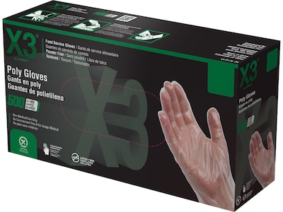 Ammex X3 Poly Gloves, Medium, Clear, 500/Box (PGLOVE-M-500)