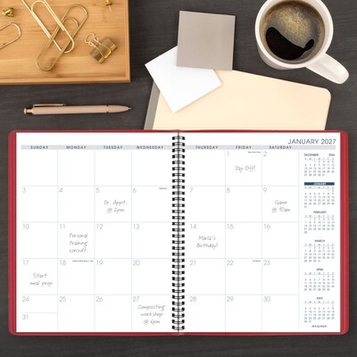 2027-2028 AT-A-GLANCE 9" x 11" Calendar Year Monthly Planner, Faux Leather Cover, Red (70-250-13-27)