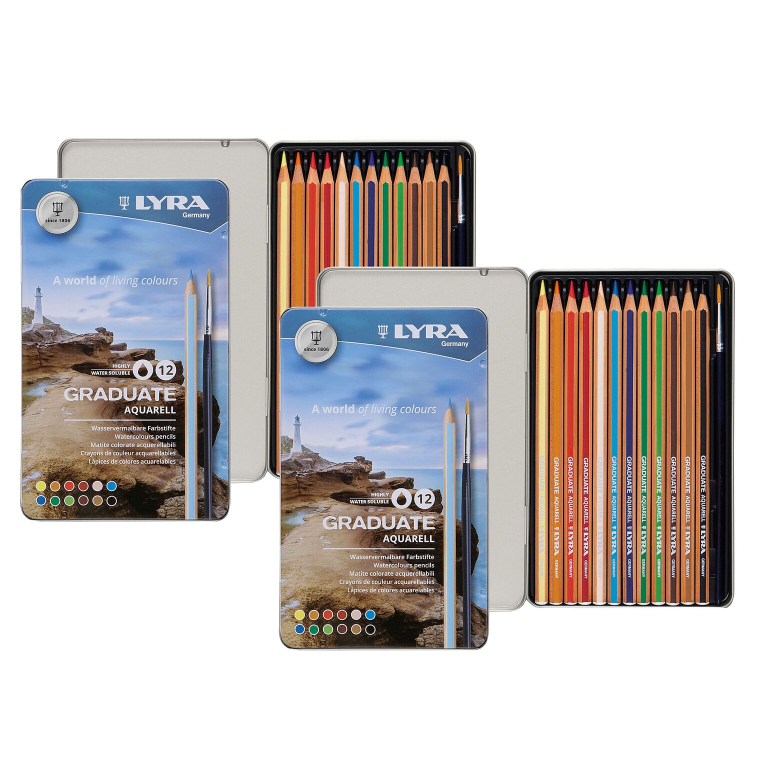 Lyra Graduate Watercolor Pencils Set Tin with Brush, Assorted Colors, 12 Pencils/Set, 2 Sets/Bundle (LYXL2881120-2)