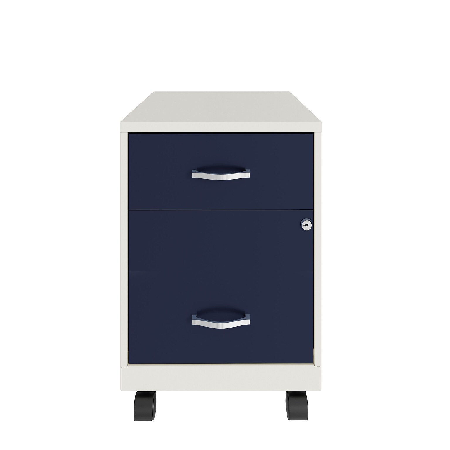 Space Solutions 18 2-Drawer Mobile Verticle File Cabinet with Accessory Drawer, Letter Width, Pearl White/Navy (25940)